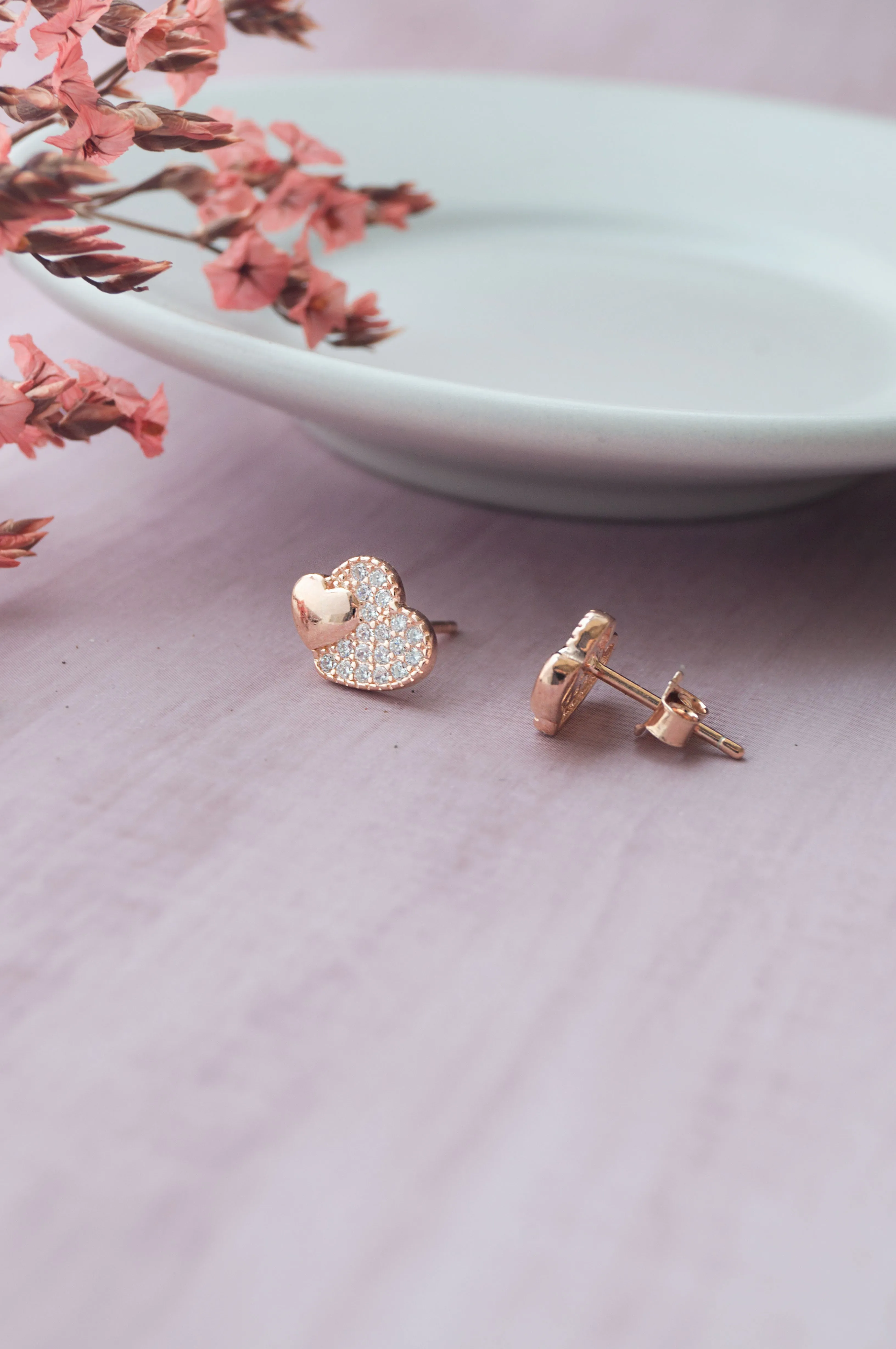 Hearts With Sparkle Rose Gold Plated Sterling Silver Stud Earrings