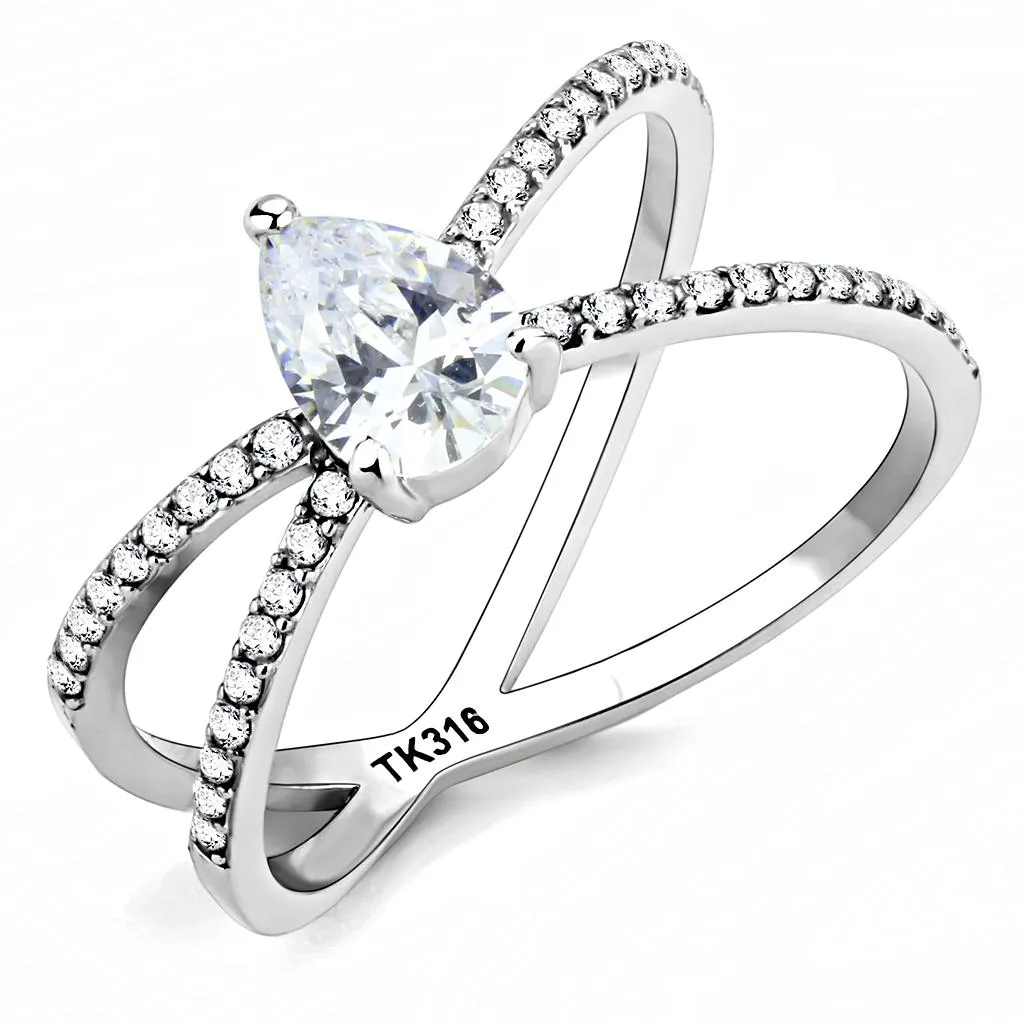 High polished (no plating) Stainless Steel Ring with AAA Grade CZ in Clear for Women Style DA135