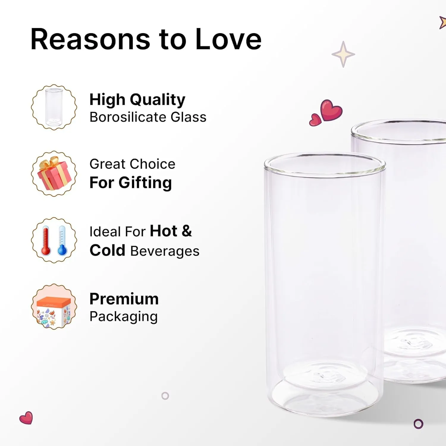 Kuber Industries 2 Pcs Double Walled Glasses | Borosilicate Glass Tumblers for Water | High Heet Resistance | Microwave & Dishwasher Safe | Juice Glasse | 250 ML | Pack of 1 | Transparent