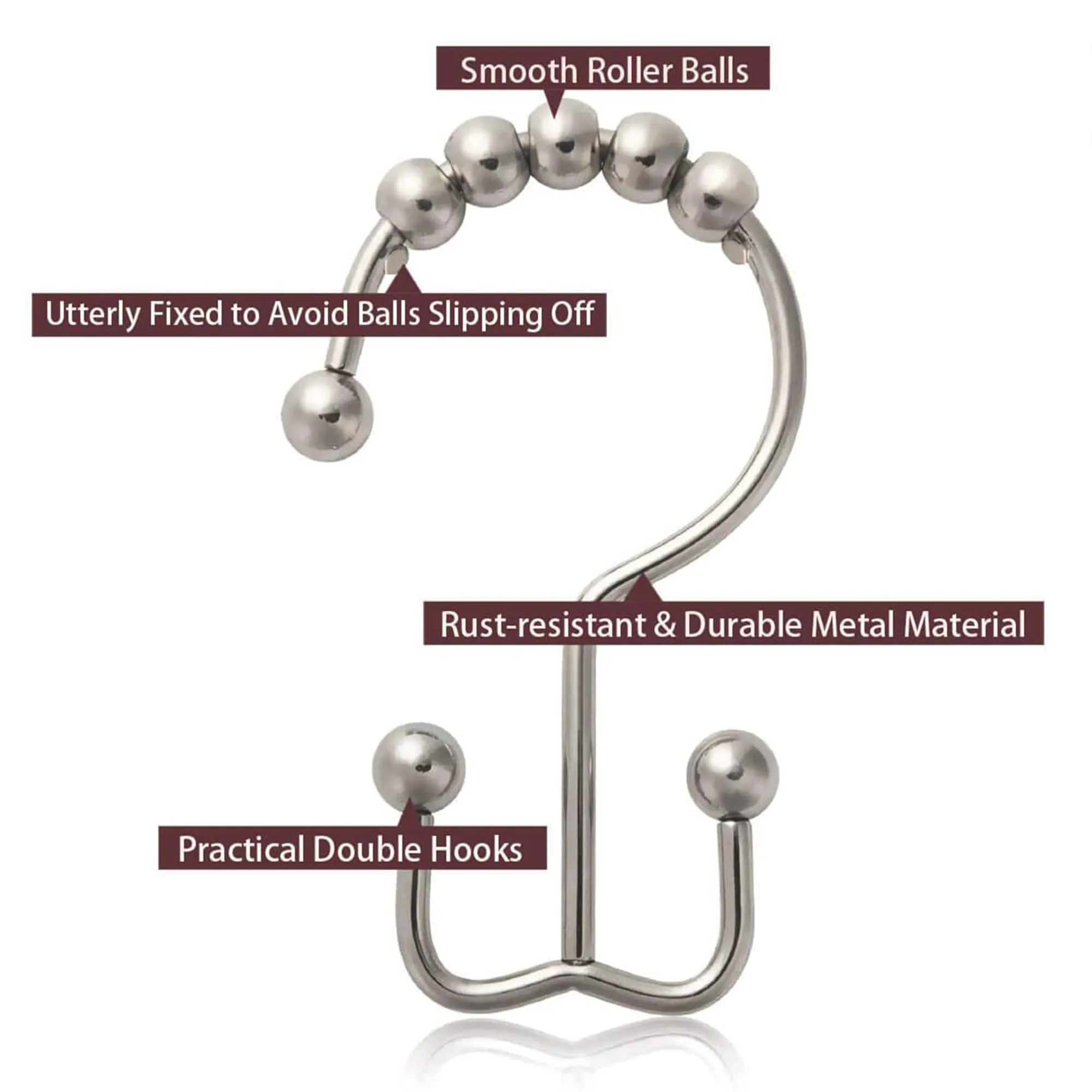 Kuber Industries Stainless Steel Hook for Curtain Hanging | Roller Ball Shower Curtain Clips Ring & Parda Hook for Bathroom, Door & Window | Rainy Curtain Hooks for Balcony | Silver