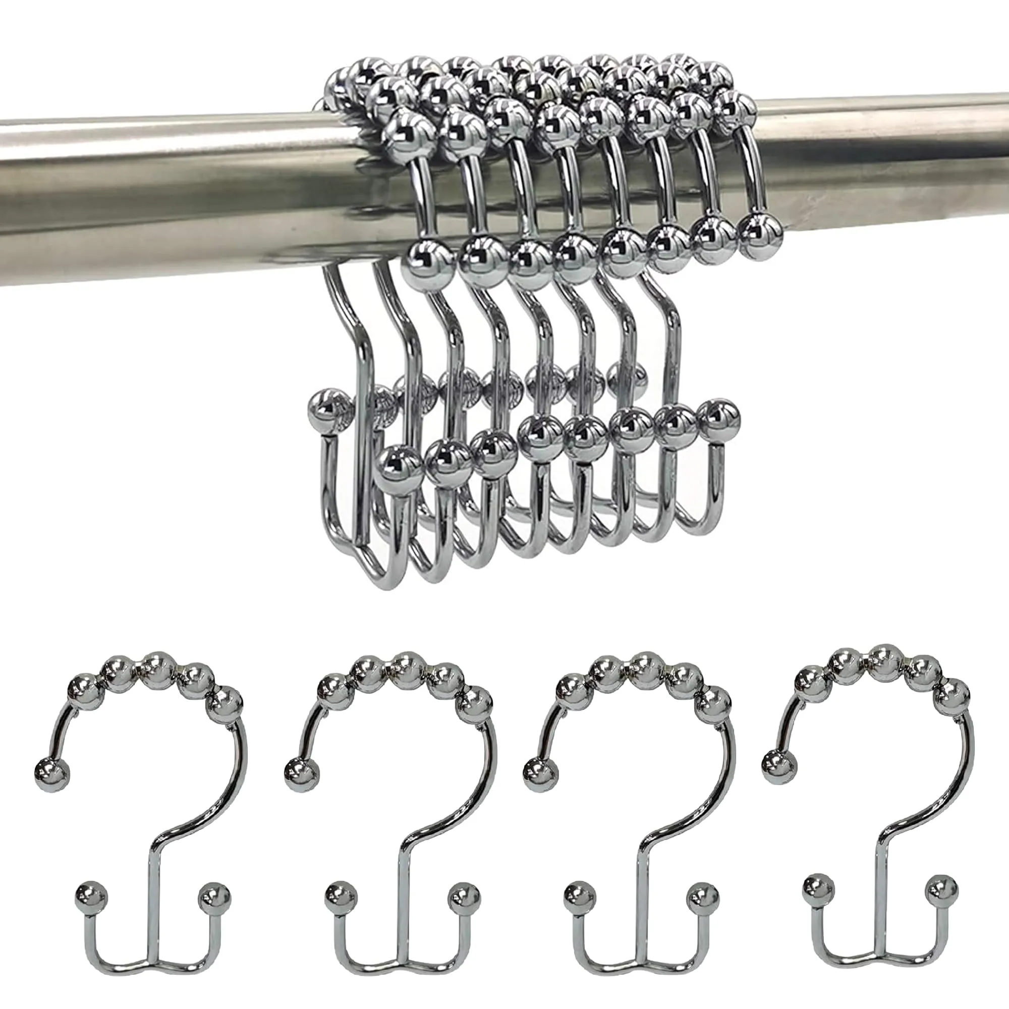 Kuber Industries Stainless Steel Hook for Curtain Hanging | Roller Ball Shower Curtain Clips Ring & Parda Hook for Bathroom, Door & Window | Rainy Curtain Hooks for Balcony | Silver