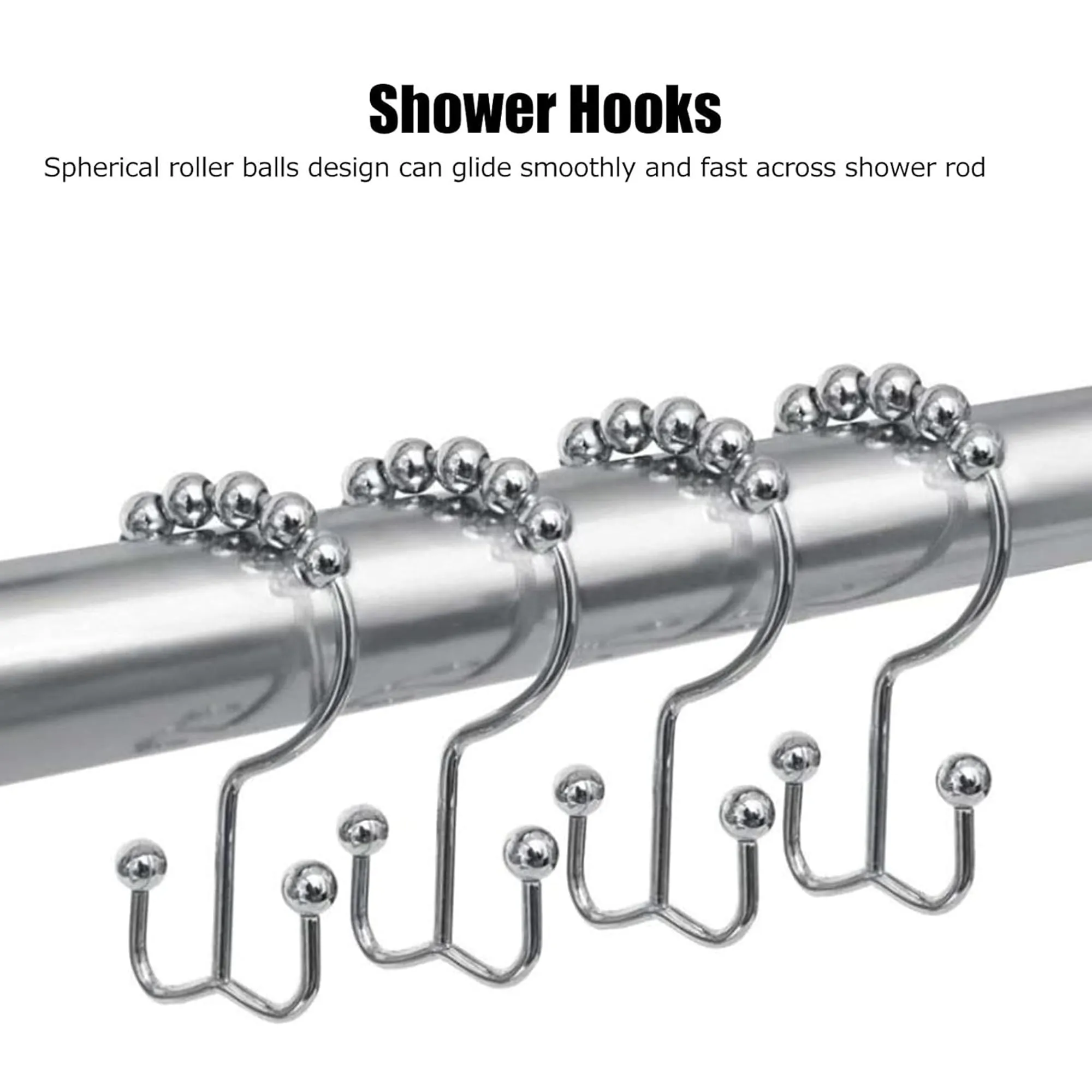 Kuber Industries Stainless Steel Hook for Curtain Hanging | Roller Ball Shower Curtain Clips Ring & Parda Hook for Bathroom, Door & Window | Rainy Curtain Hooks for Balcony | Silver