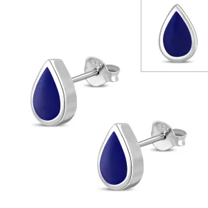 Lapiz Lazuli Blue Stone Drop Silver Stud Earrings