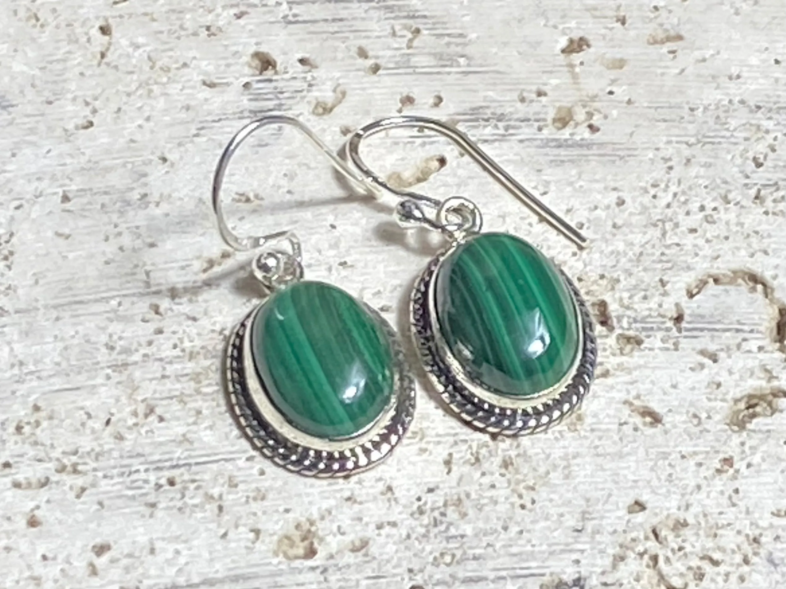 Large Malachite Silver Earrings