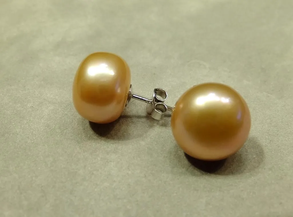 Large Peach Freshwater Pearl Stud Earrings