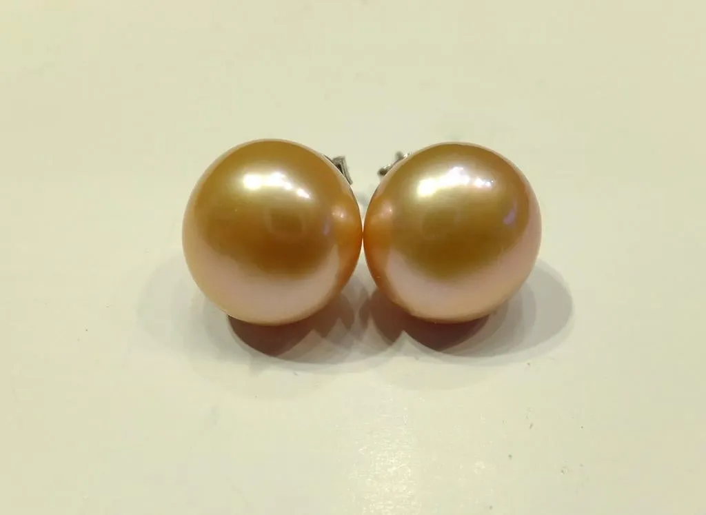 Large Peach Freshwater Pearl Stud Earrings