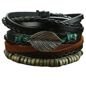 Mens Black Metal Leaf Wristband Multi-Layer Bracelet Set