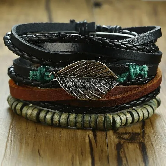 Mens Black Metal Leaf Wristband Multi-Layer Bracelet Set