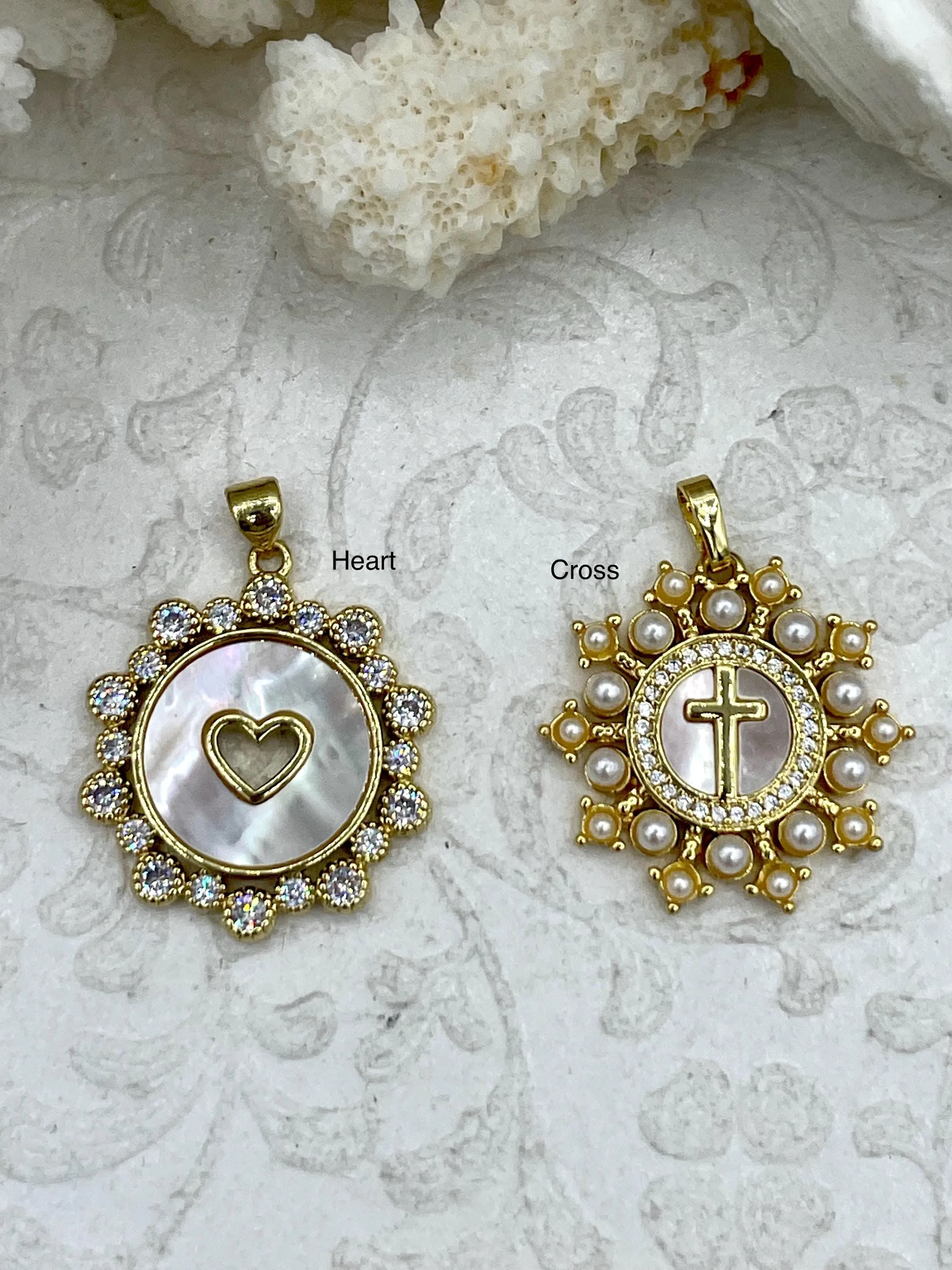 Mother of Pearl Heart and Cross Charms, 25mm Charms, 2 Styles, Brass Charms, MOP Heart and Cross Charms, Mother of Pearl, Pearls. Fast Ship