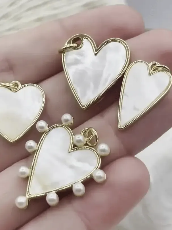 Mother of Pearl Heart Charms, 4 Styles, Brass Heart Charms, Gold Plated Brass, MOP Charms, Brass, Mother of Pearl, Pearls. Fast Ship