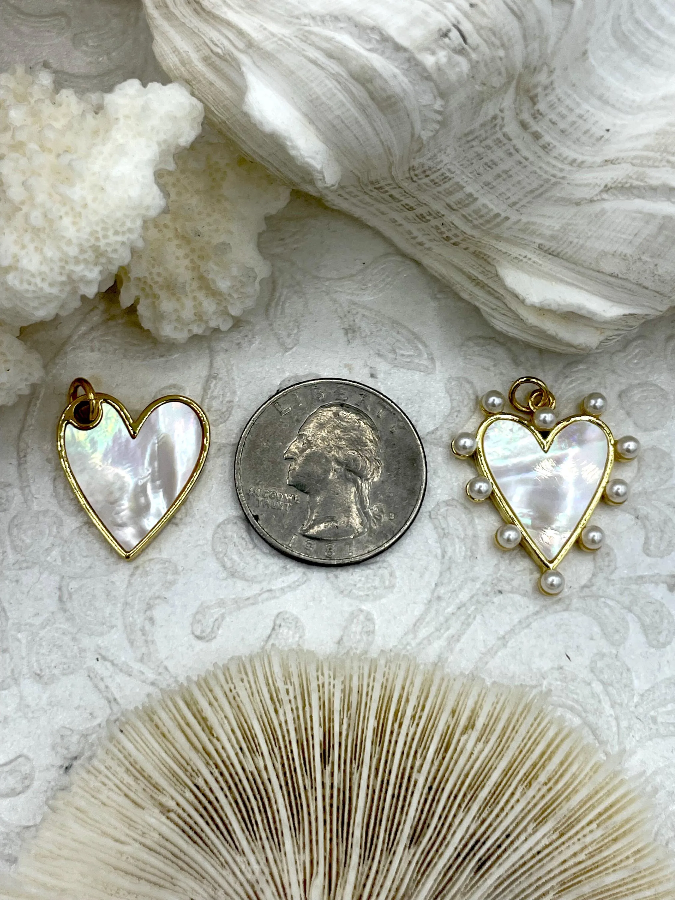 Mother of Pearl Heart Charms, 4 Styles, Brass Heart Charms, Gold Plated Brass, MOP Charms, Brass, Mother of Pearl, Pearls. Fast Ship