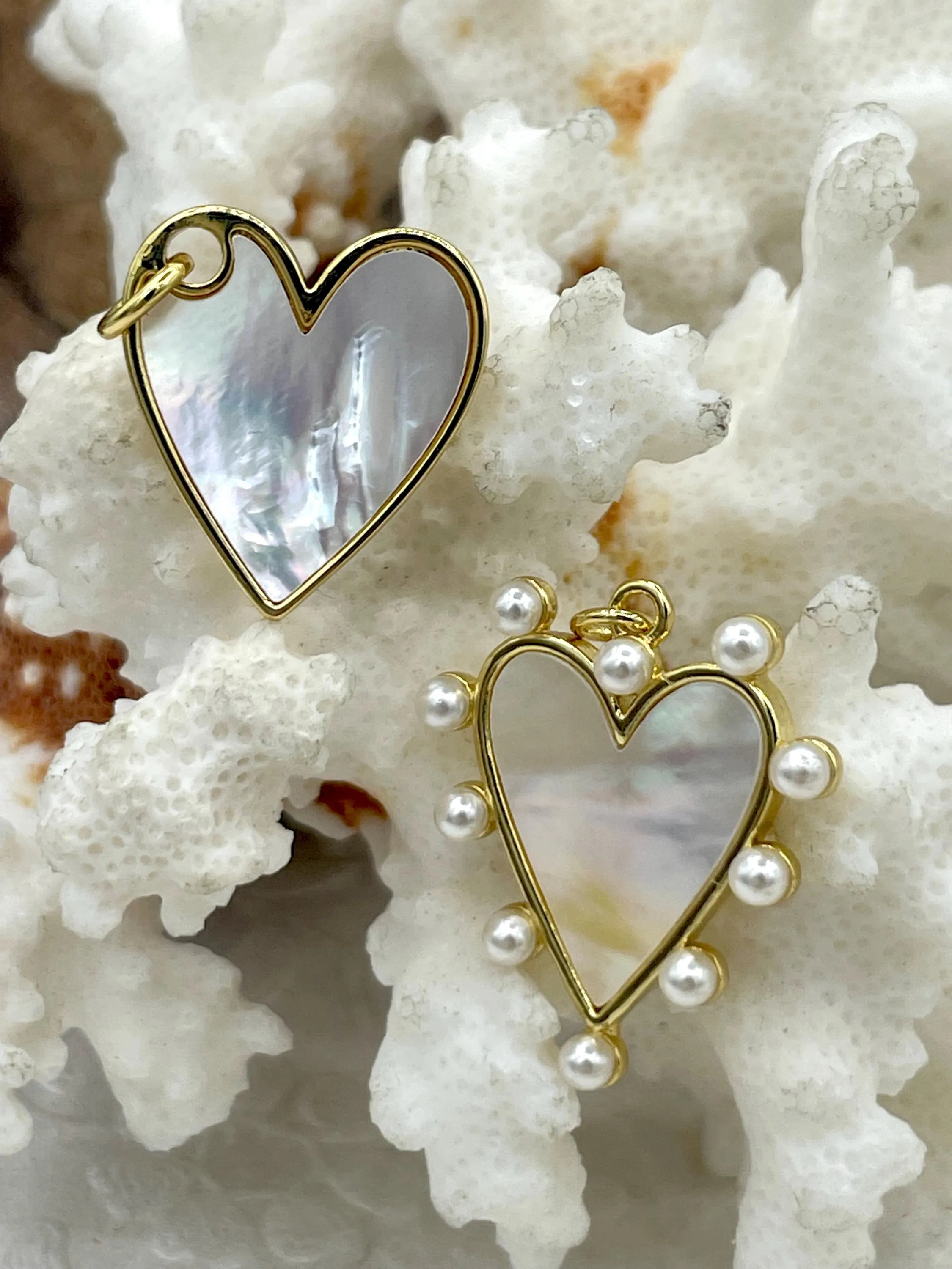 Mother of Pearl Heart Charms, 4 Styles, Brass Heart Charms, Gold Plated Brass, MOP Charms, Brass, Mother of Pearl, Pearls. Fast Ship