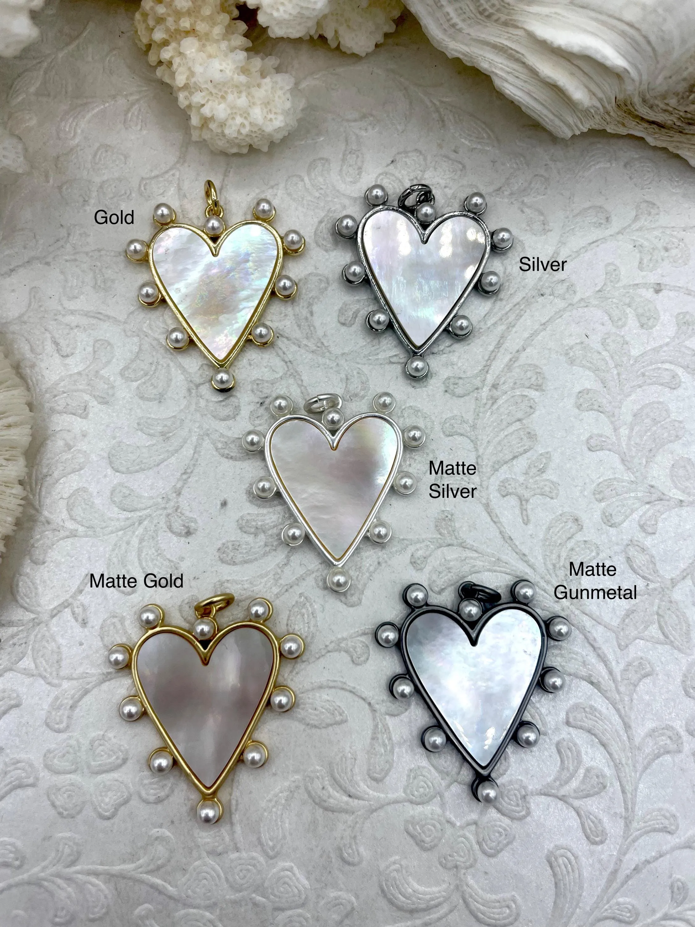 Mother of Pearl Heart Charms with Pearls, 35mm x 33mm, 5 Finishes, Brass Heart Charms, MOP Charms, Brass, Mother of Pearl, Pearls. Fast Ship