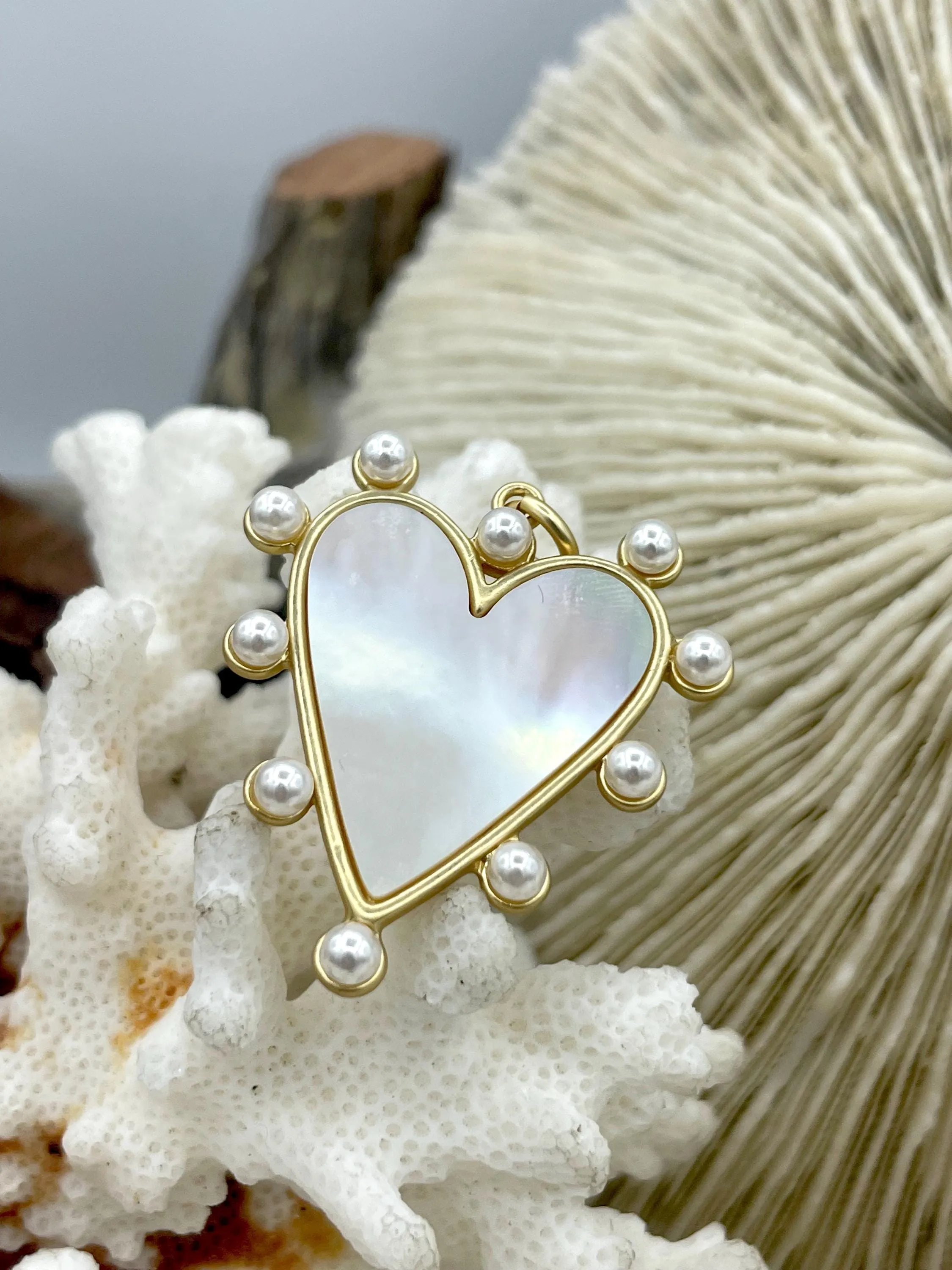 Mother of Pearl Heart Charms with Pearls, 35mm x 33mm, 5 Finishes, Brass Heart Charms, MOP Charms, Brass, Mother of Pearl, Pearls. Fast Ship