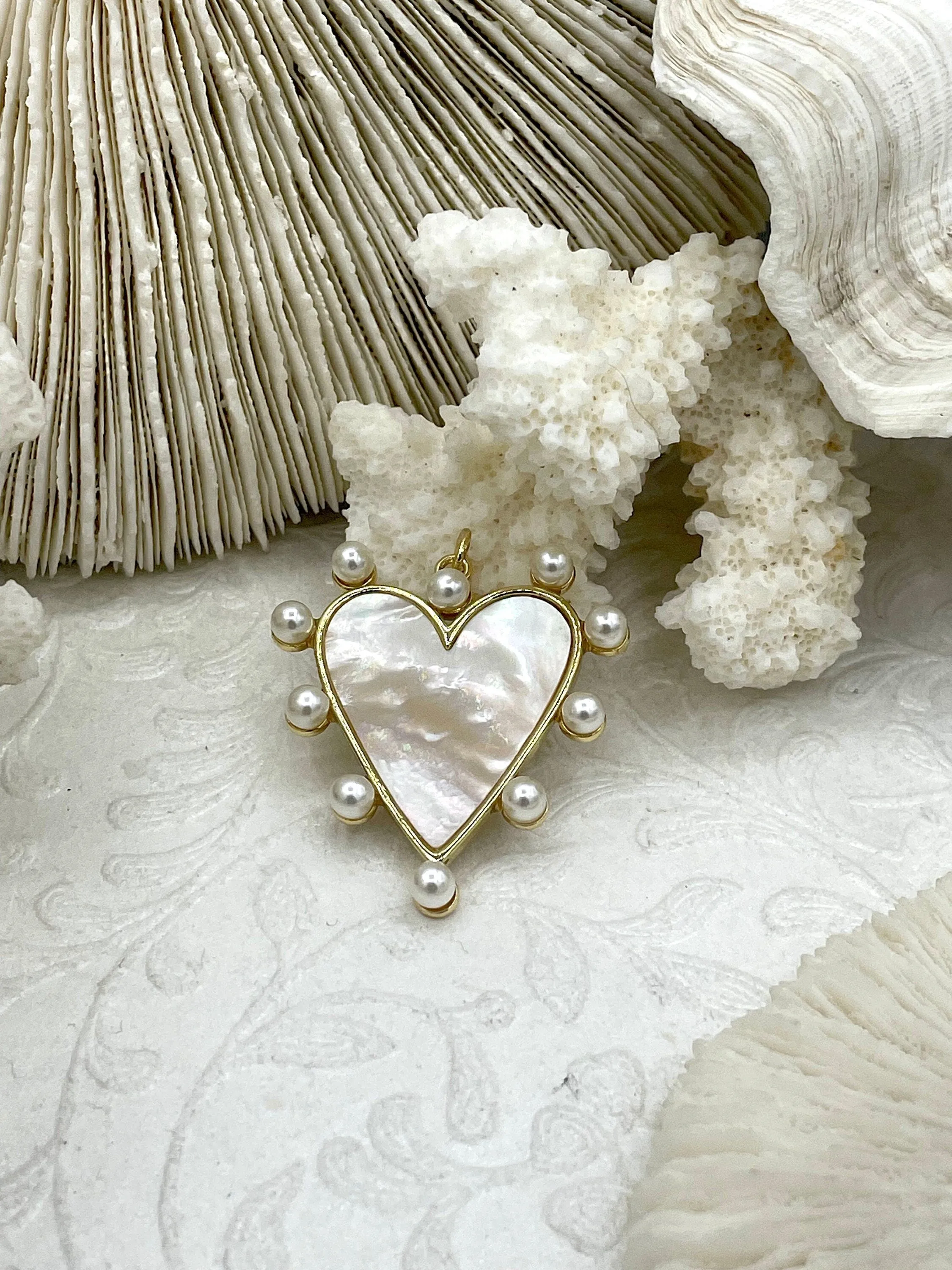 Mother of Pearl Heart Charms with Pearls, 35mm x 33mm, 5 Finishes, Brass Heart Charms, MOP Charms, Brass, Mother of Pearl, Pearls. Fast Ship