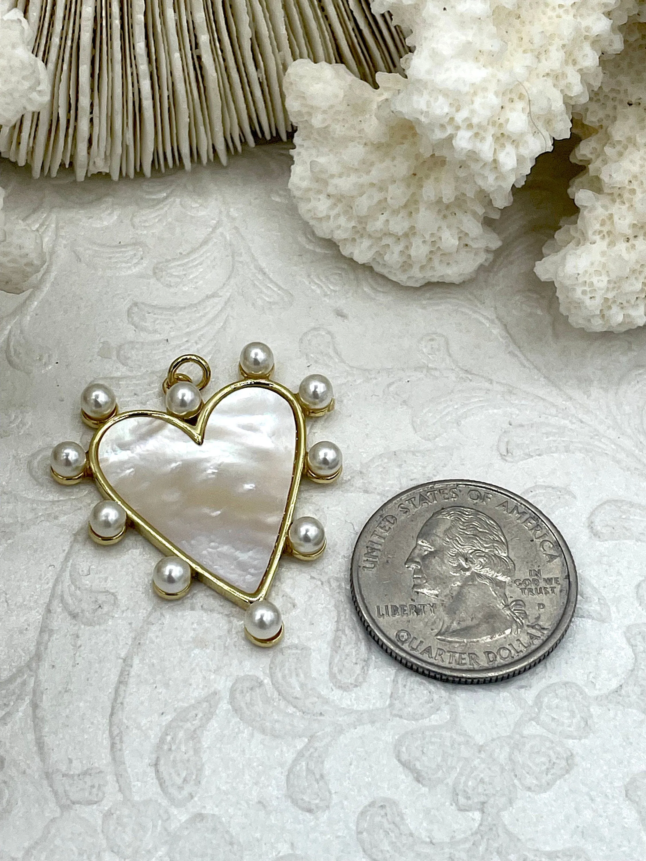 Mother of Pearl Heart Charms with Pearls, 35mm x 33mm, 5 Finishes, Brass Heart Charms, MOP Charms, Brass, Mother of Pearl, Pearls. Fast Ship