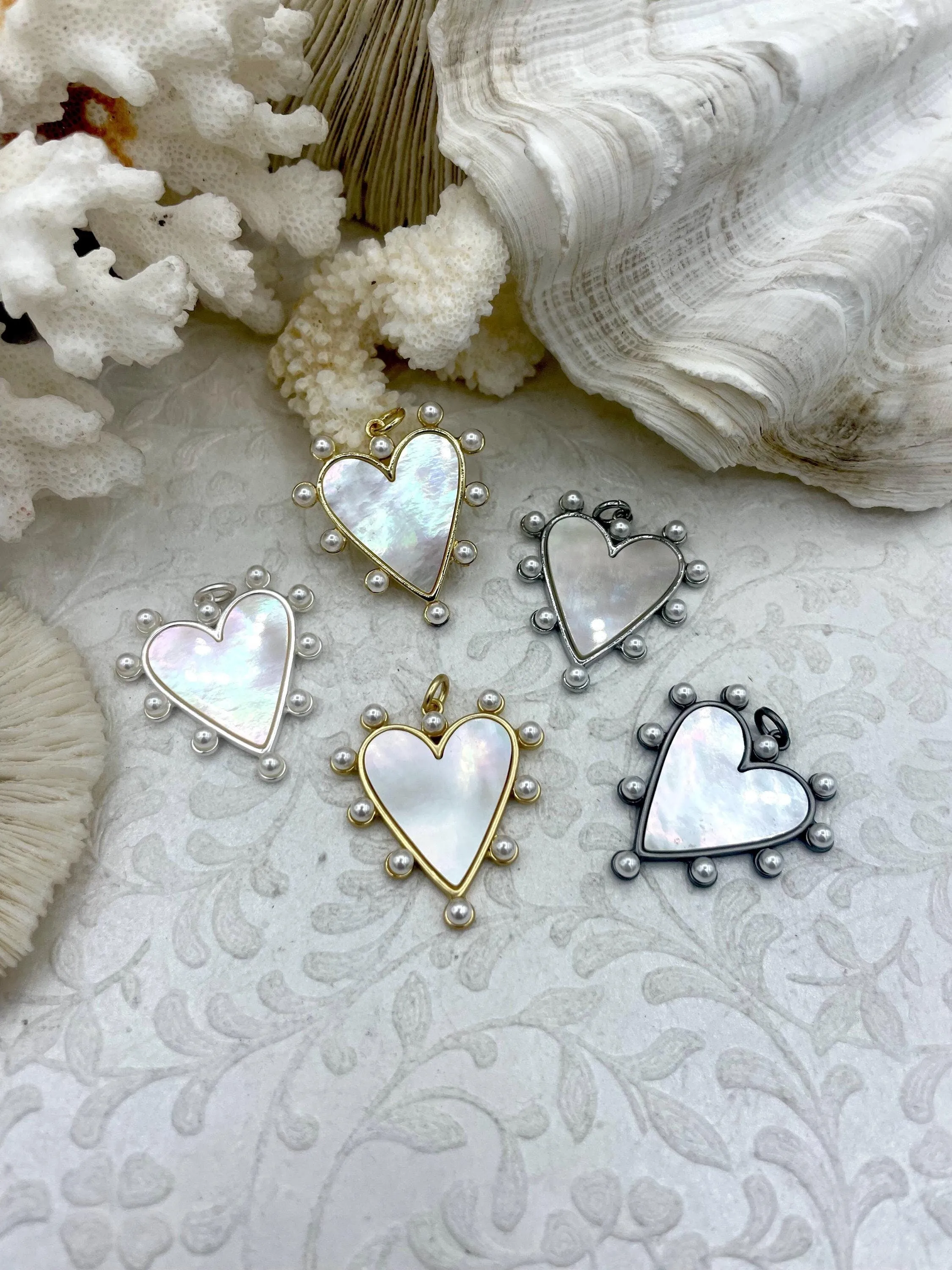 Mother of Pearl Heart Charms with Pearls, 35mm x 33mm, 5 Finishes, Brass Heart Charms, MOP Charms, Brass, Mother of Pearl, Pearls. Fast Ship