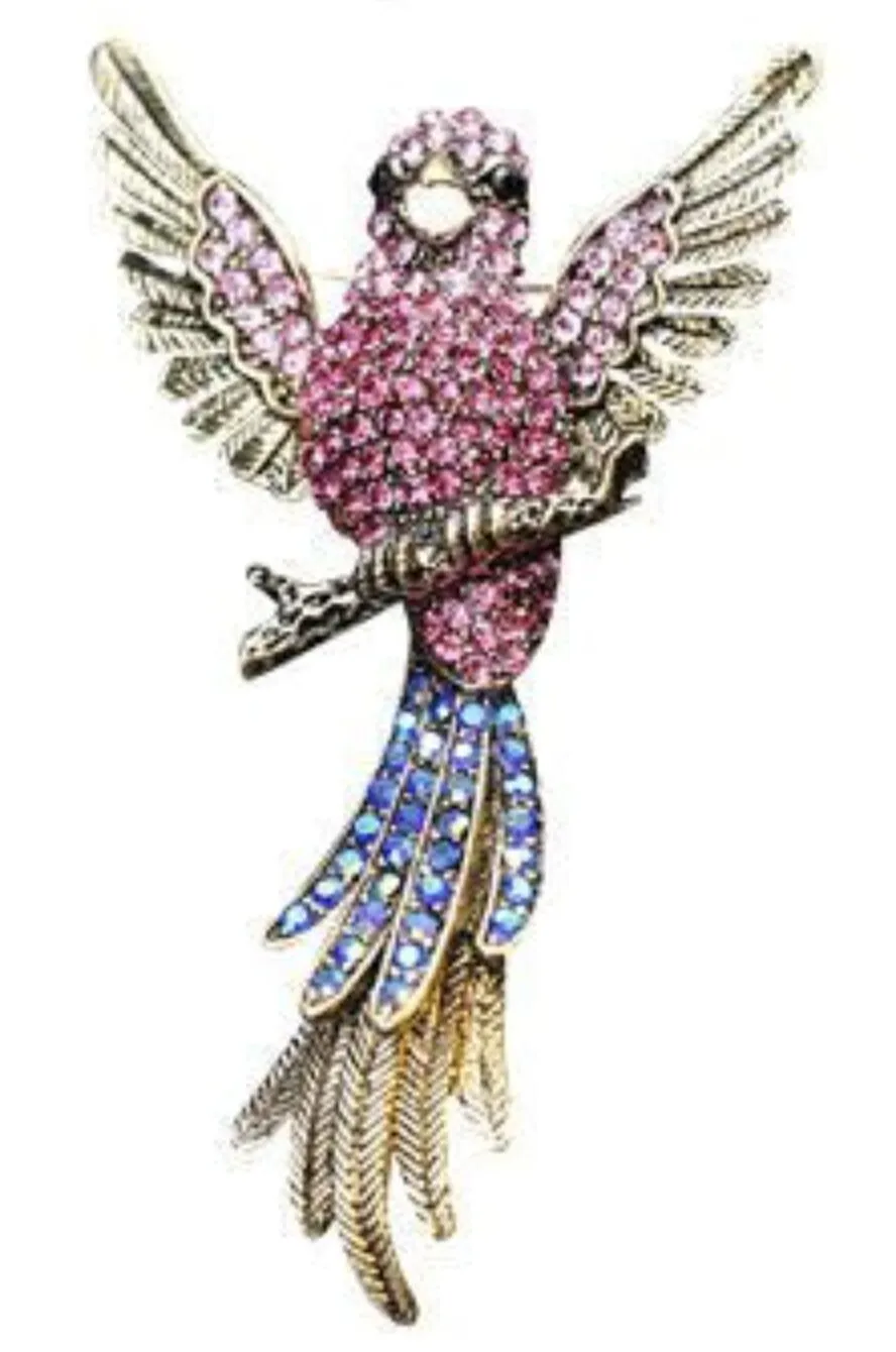 Multicolour bird big brooch vintage look gold plated suit coat broach pin ggg19