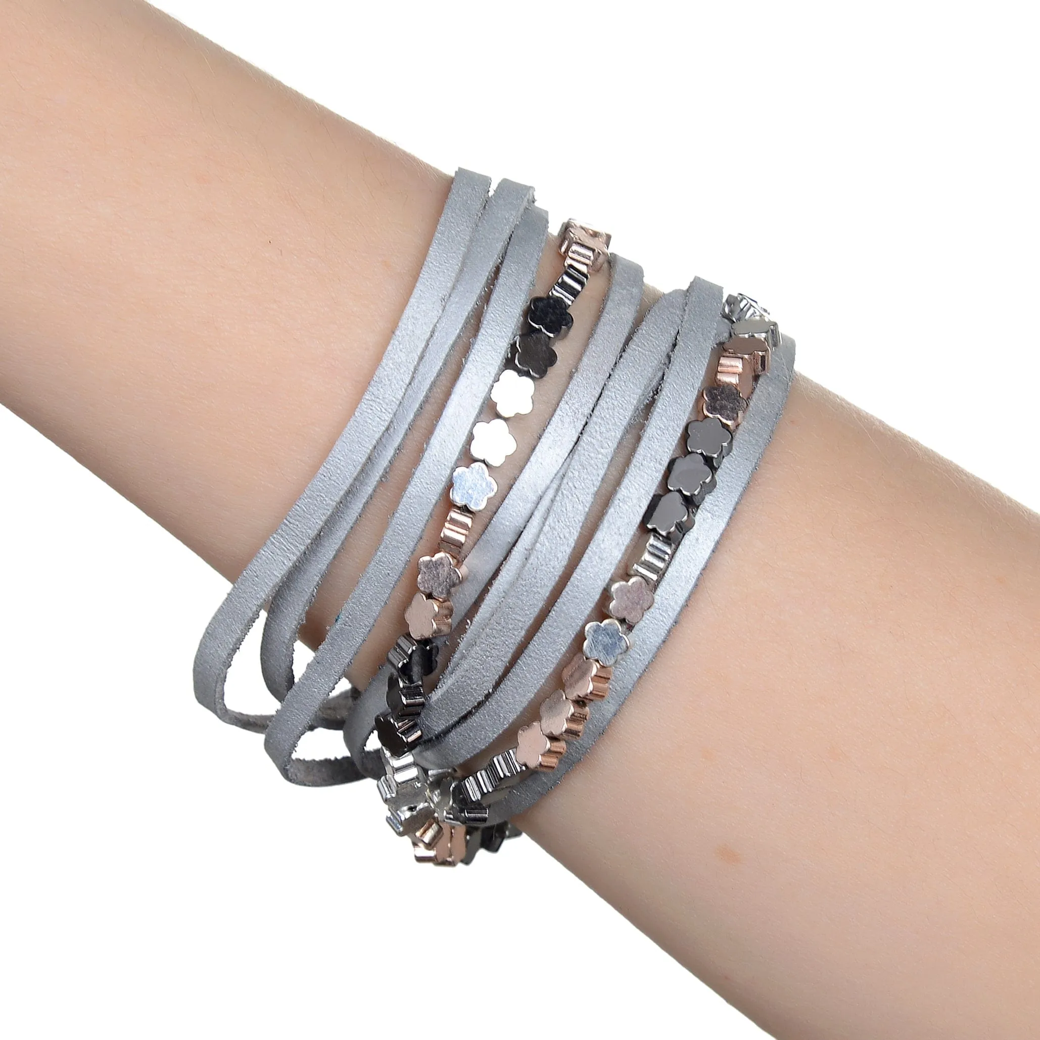 Multiple Strand Bracelet with Gray Leather and Magnetic Clasp