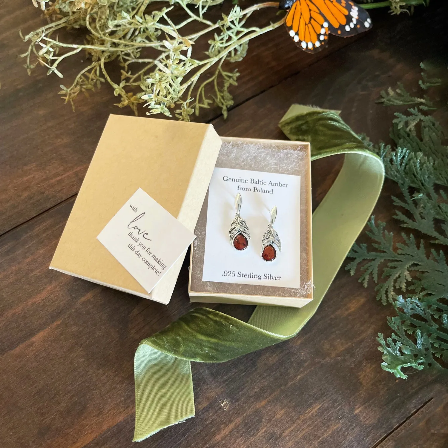 Oxidized Baltic Amber Feather Earrings