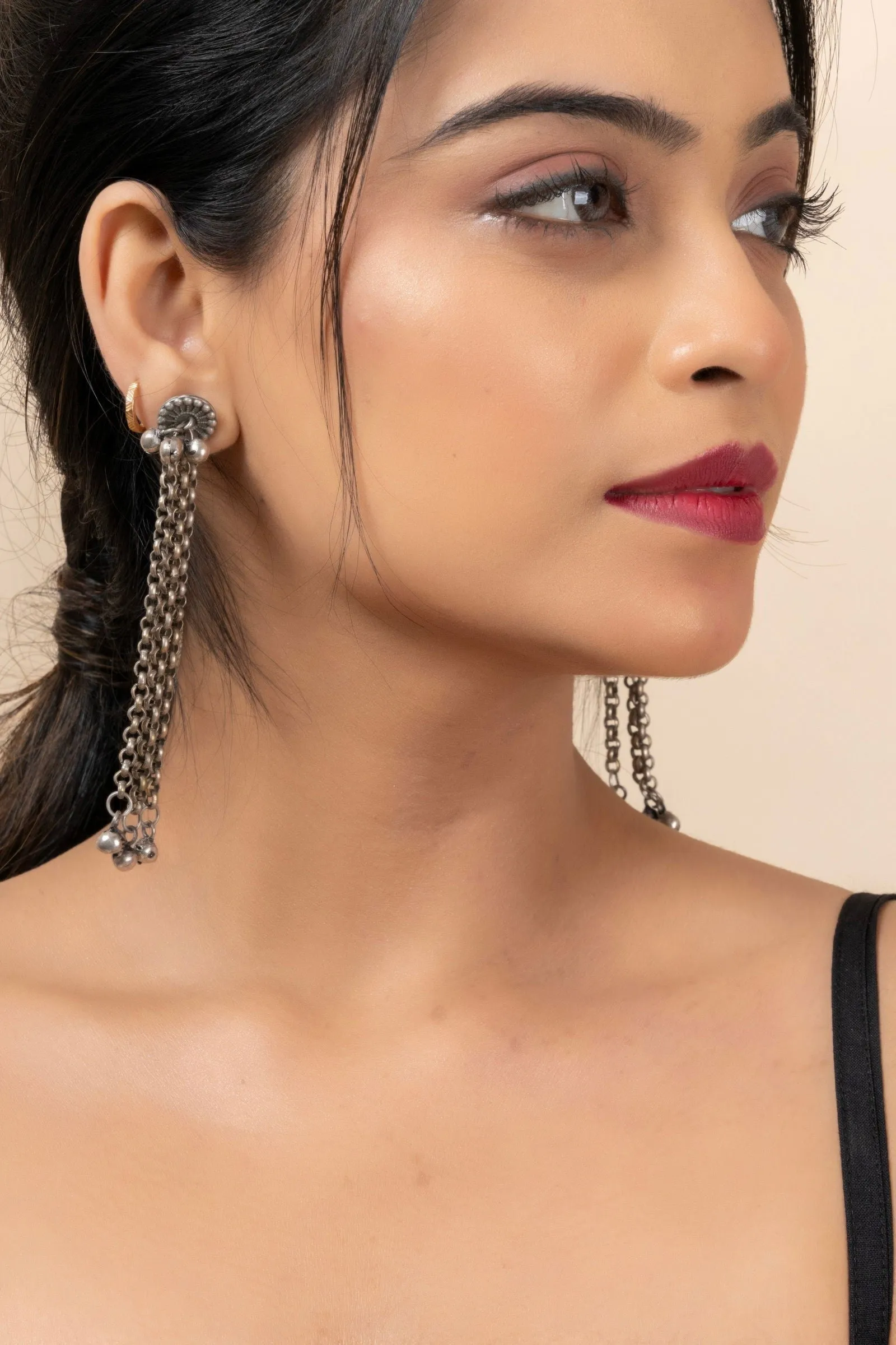 Oxidized Silver Designer Chain Ghungroo Stud Earrings for Elegant Daily Wear and Special Occasions