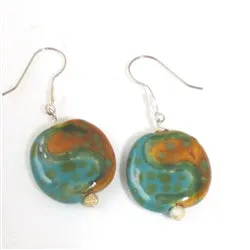 Peacock and Tan Kazuri Bead Earrings