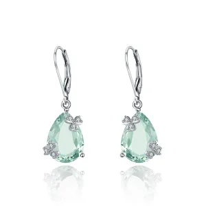 Personalized Design Natural Cyan Crystal Pear Drop Three Prongs with Flower Silver Drop Earrings for Women