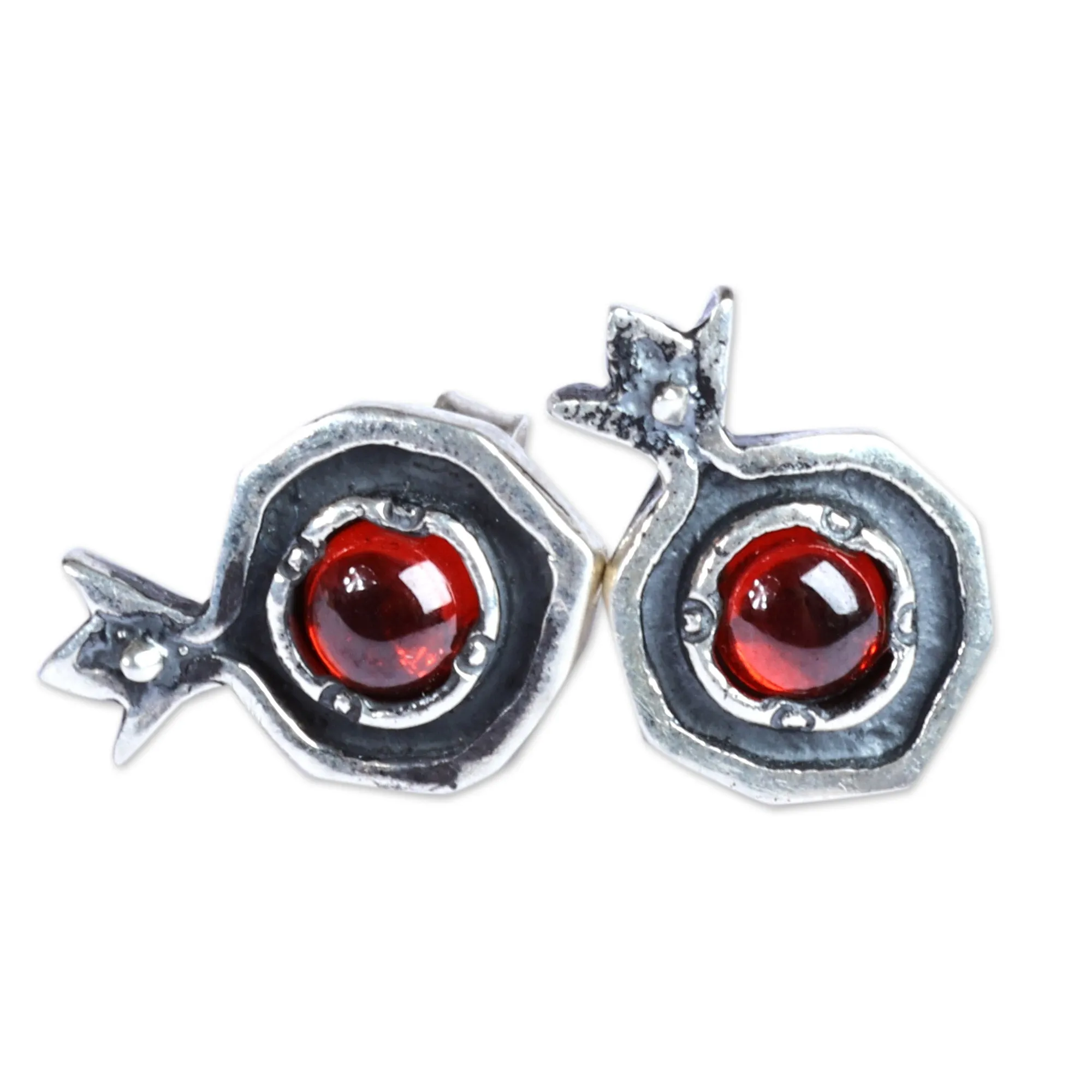 Pomegranate-Themed Natural Garnet Button Earrings - Blossoming Pomegranate | NOVICA