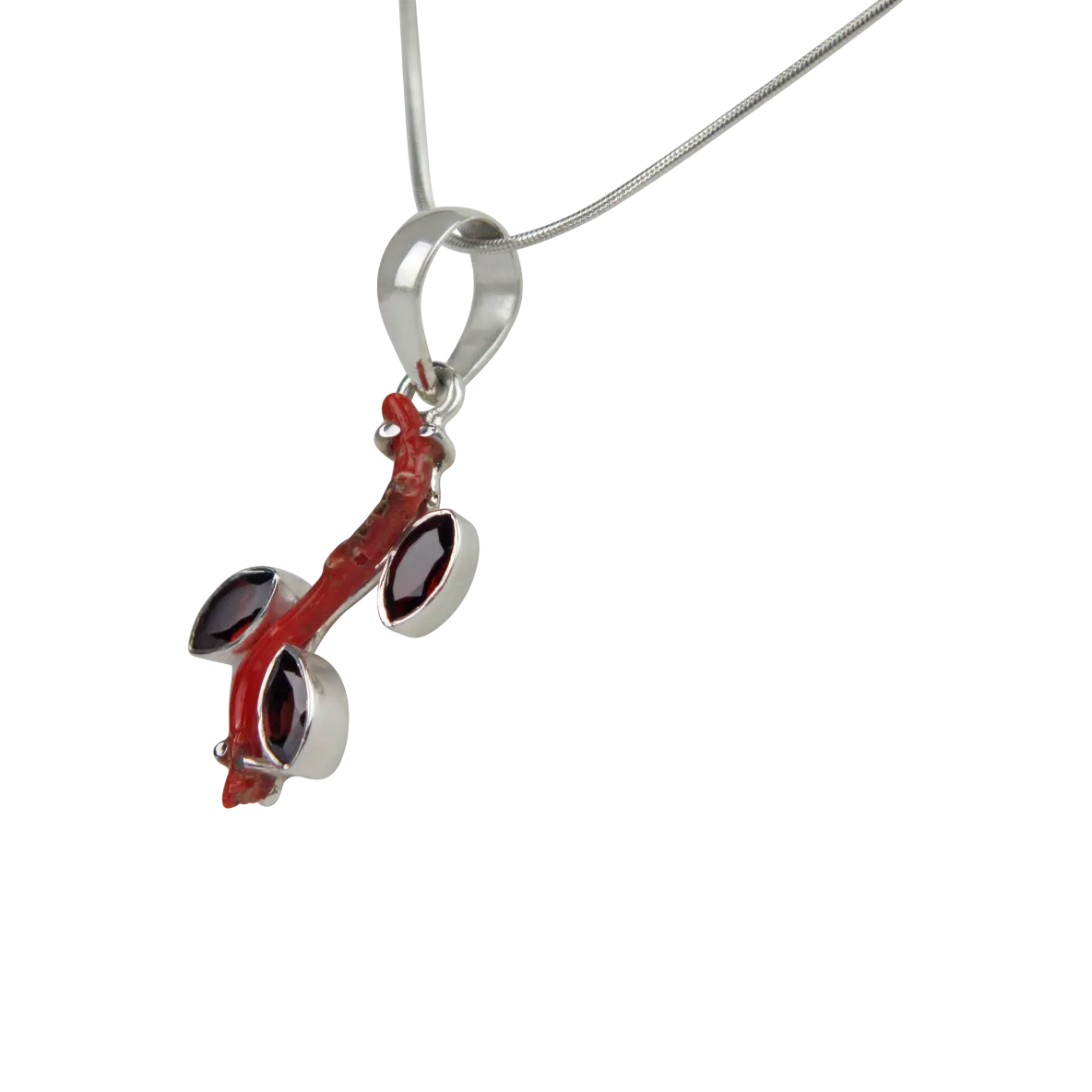 Red Coral Branch Pendant Accent with Faceted Multi-Garnet Stones