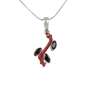 Red Coral Branch Pendant Accent with Faceted Multi-Garnet Stones