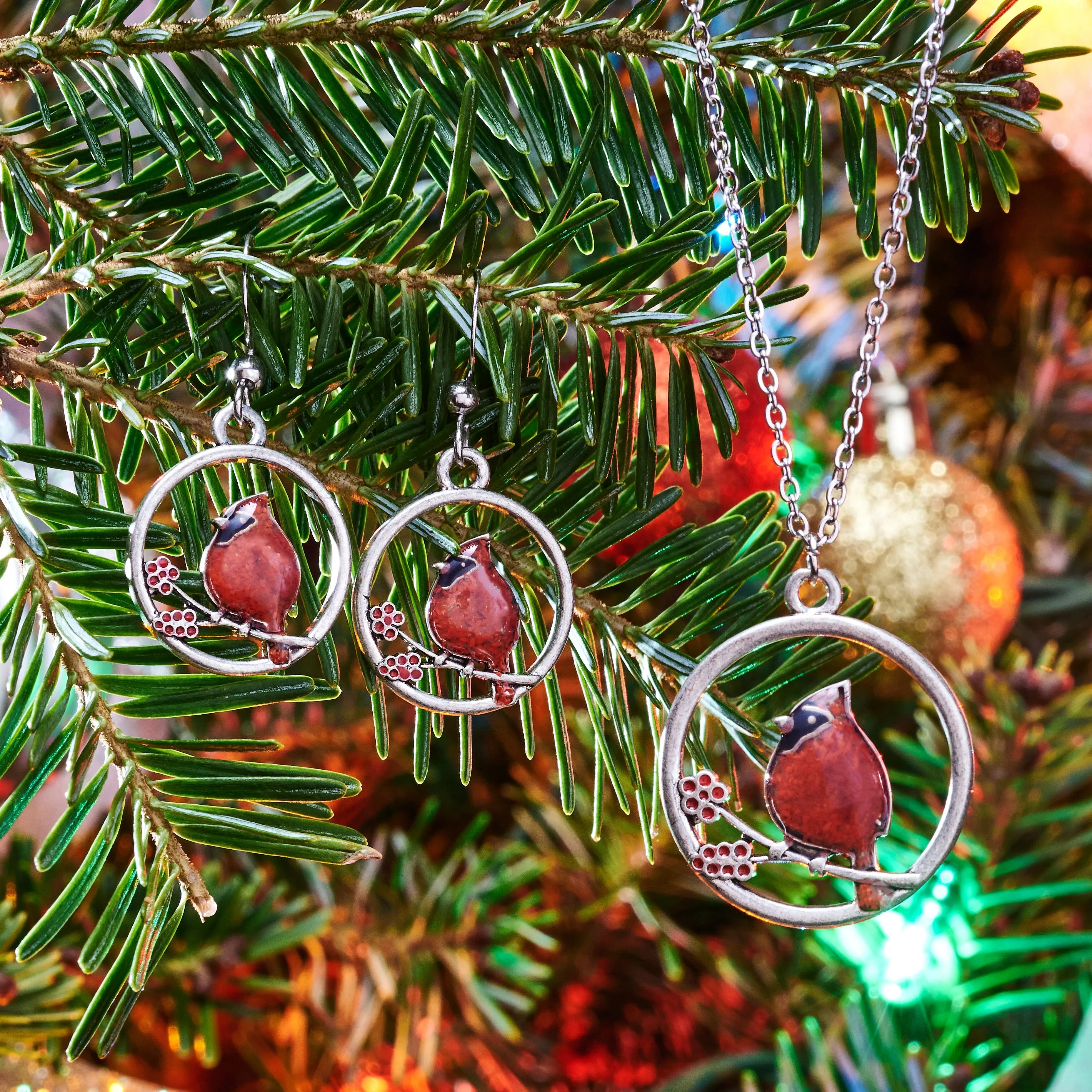 Red Glass Cardinal Holly Branch Bundle