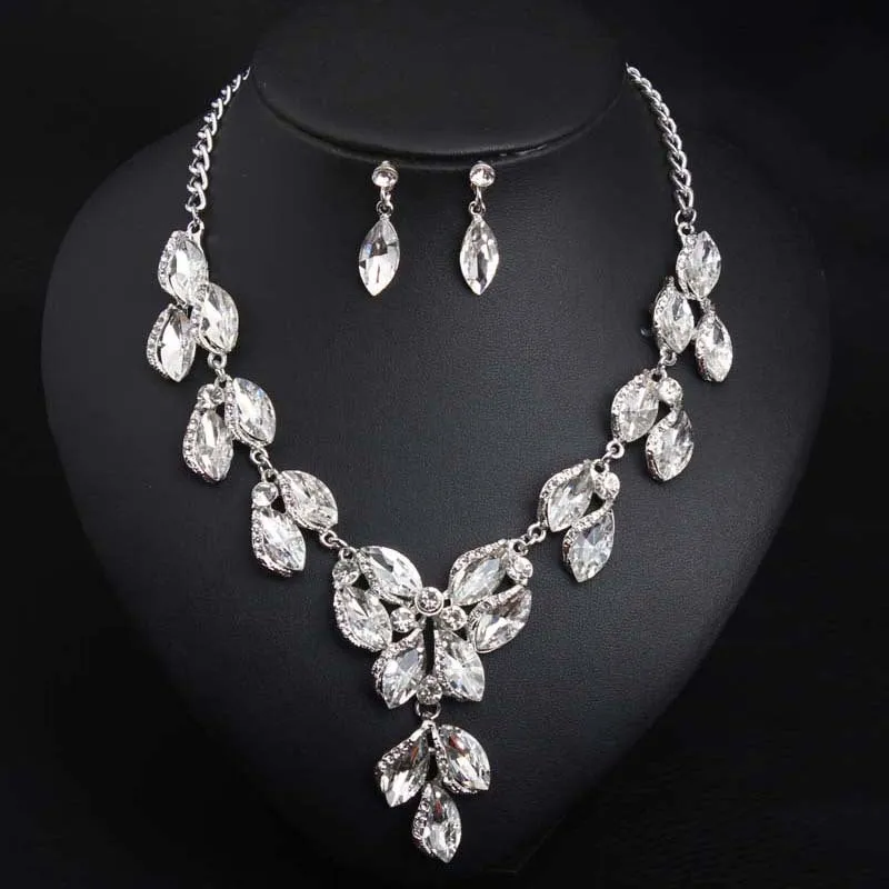 Romantic Zircon Horse Eye Green Leaf Crystal Jewelry Sets Ladies Bridal Necklace Earrings Sets For Wedding Party