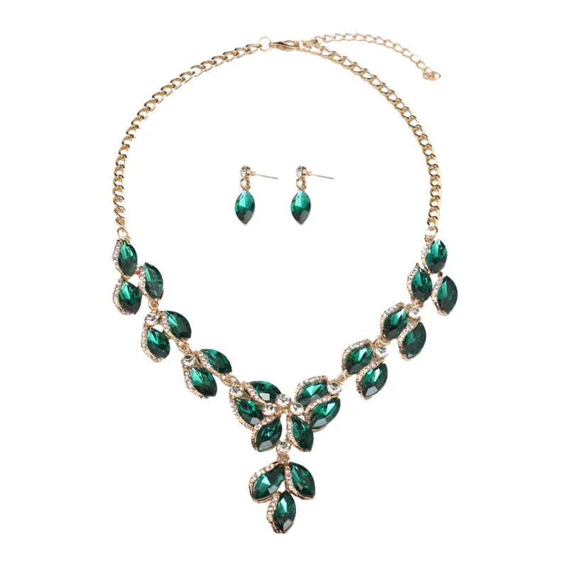 Romantic Zircon Horse Eye Green Leaf Crystal Jewelry Sets Ladies Bridal Necklace Earrings Sets For Wedding Party