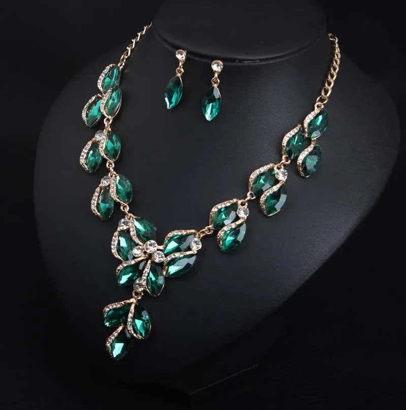 Romantic Zircon Horse Eye Green Leaf Crystal Jewelry Sets Ladies Bridal Necklace Earrings Sets For Wedding Party