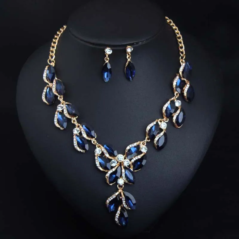 Romantic Zircon Horse Eye Green Leaf Crystal Jewelry Sets Ladies Bridal Necklace Earrings Sets For Wedding Party