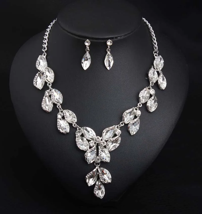 Romantic Zircon Horse Eye Green Leaf Crystal Jewelry Sets Ladies Bridal Necklace Earrings Sets For Wedding Party