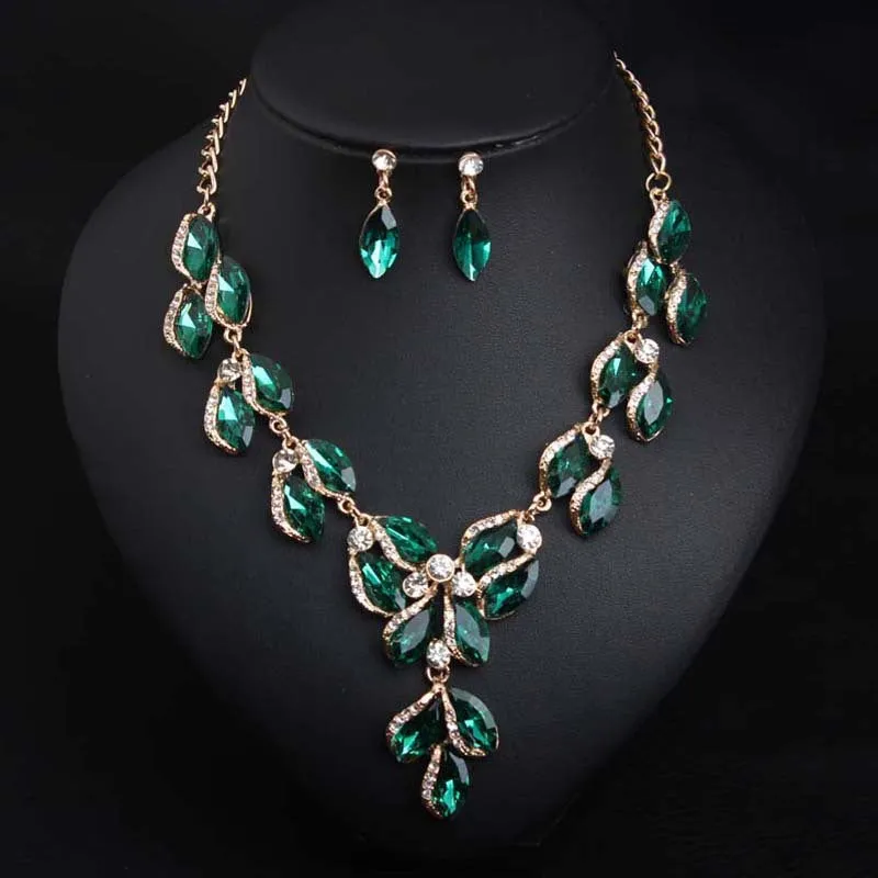 Romantic Zircon Horse Eye Green Leaf Crystal Jewelry Sets Ladies Bridal Necklace Earrings Sets For Wedding Party