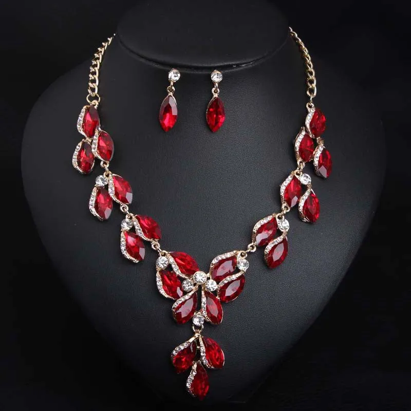 Romantic Zircon Horse Eye Green Leaf Crystal Jewelry Sets Ladies Bridal Necklace Earrings Sets For Wedding Party