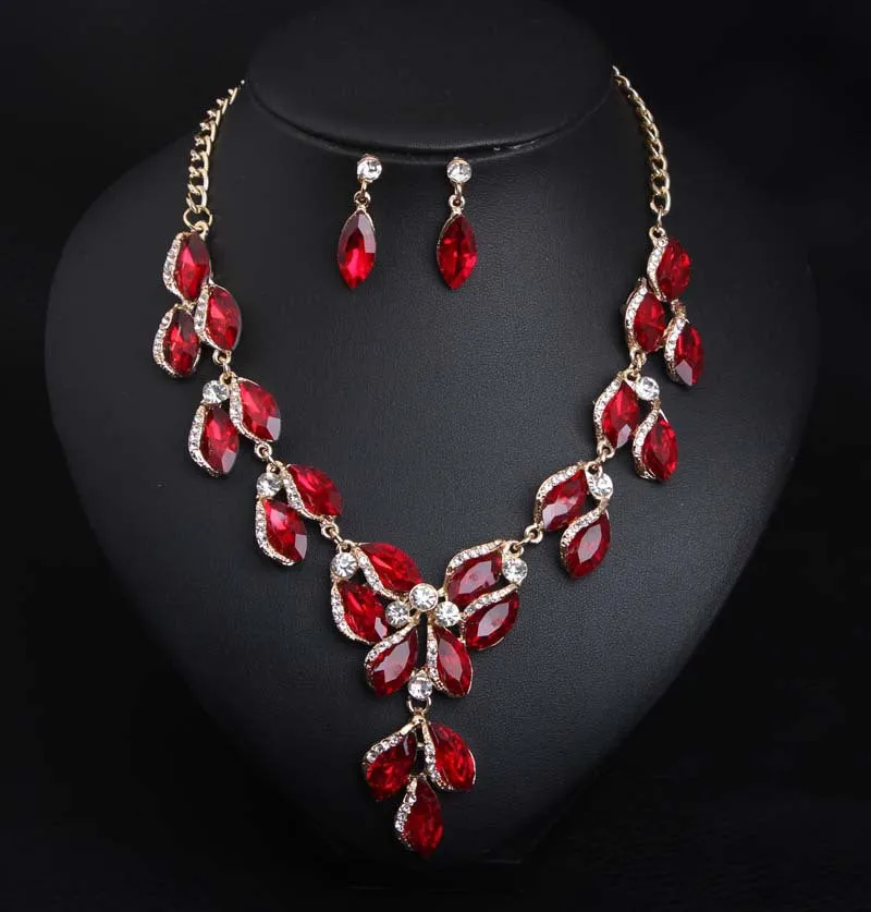 Romantic Zircon Horse Eye Green Leaf Crystal Jewelry Sets Ladies Bridal Necklace Earrings Sets For Wedding Party