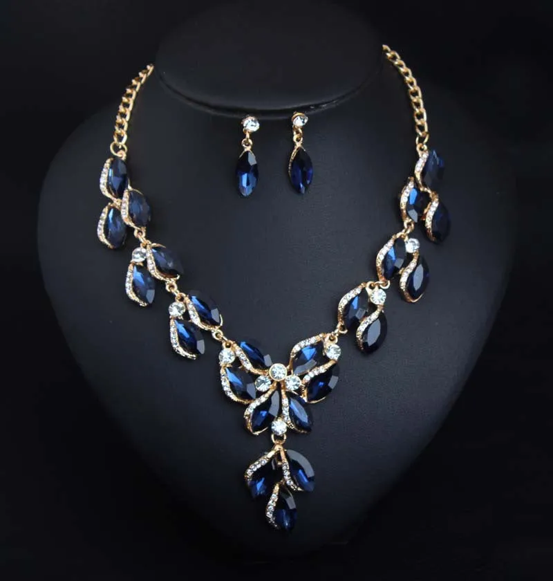 Romantic Zircon Horse Eye Green Leaf Crystal Jewelry Sets Ladies Bridal Necklace Earrings Sets For Wedding Party