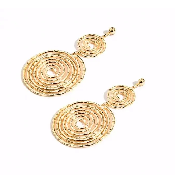 S925 Sterling Silver Post Gold-Tone Double Circle Dangle Earrings