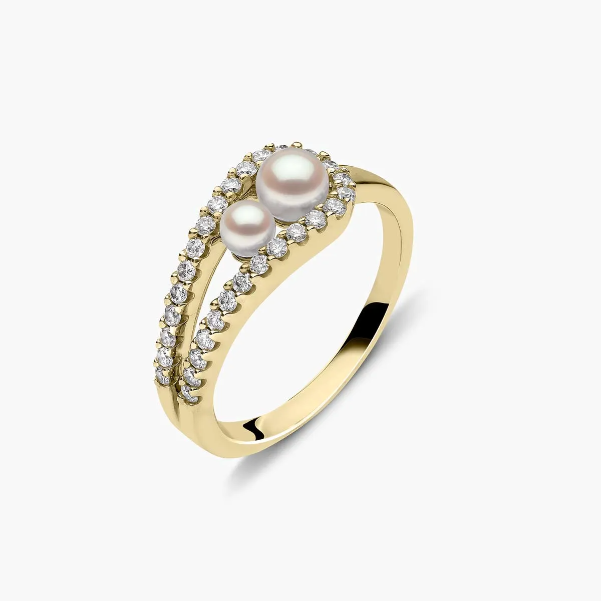 Sleek 18K Gold Double Pearl and Diamond Ring