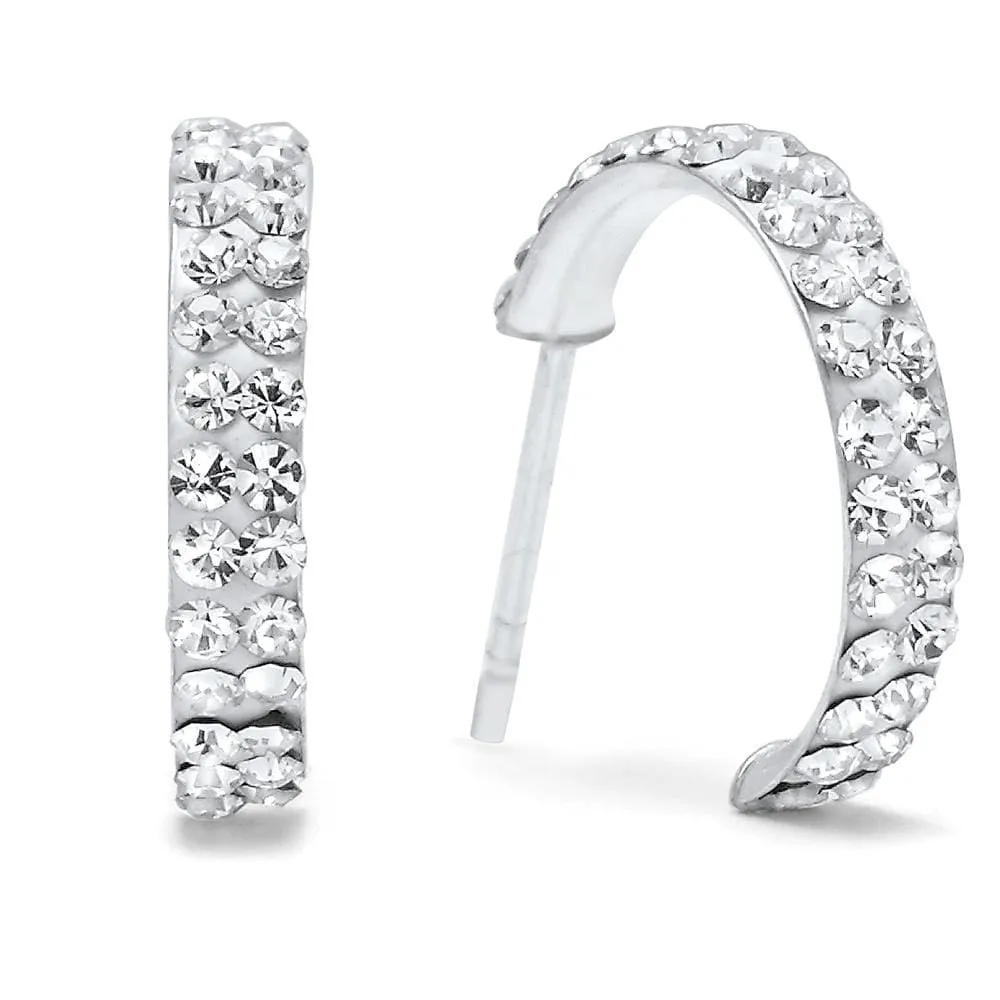 Solid 925 Sterling Silver Crystal C Hoop Earrings