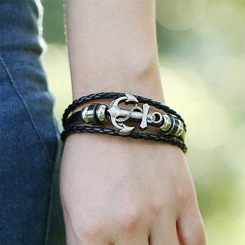 Sorella'z Mens Metal PU Leather Black Anchor Bracelet