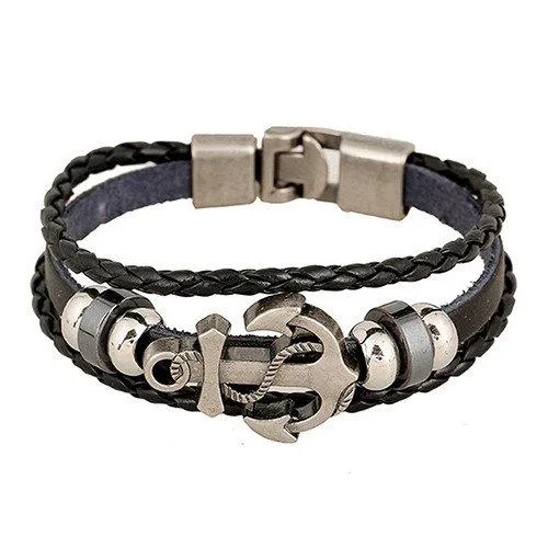 Sorella'z Mens Metal PU Leather Black Anchor Bracelet