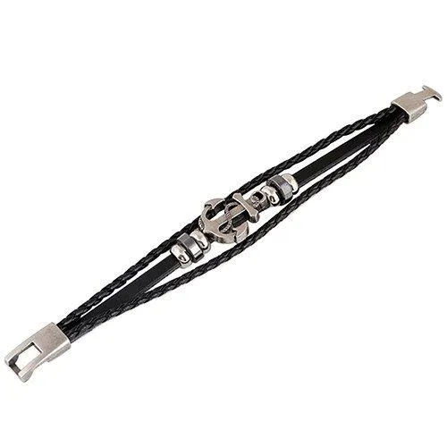 Sorella'z Mens Metal PU Leather Black Anchor Bracelet