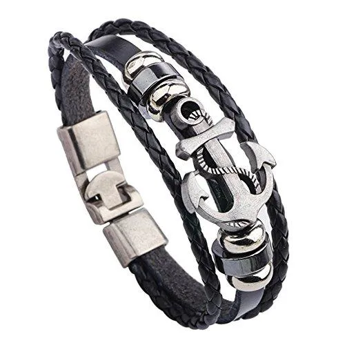 Sorella'z Mens Metal PU Leather Black Anchor Bracelet