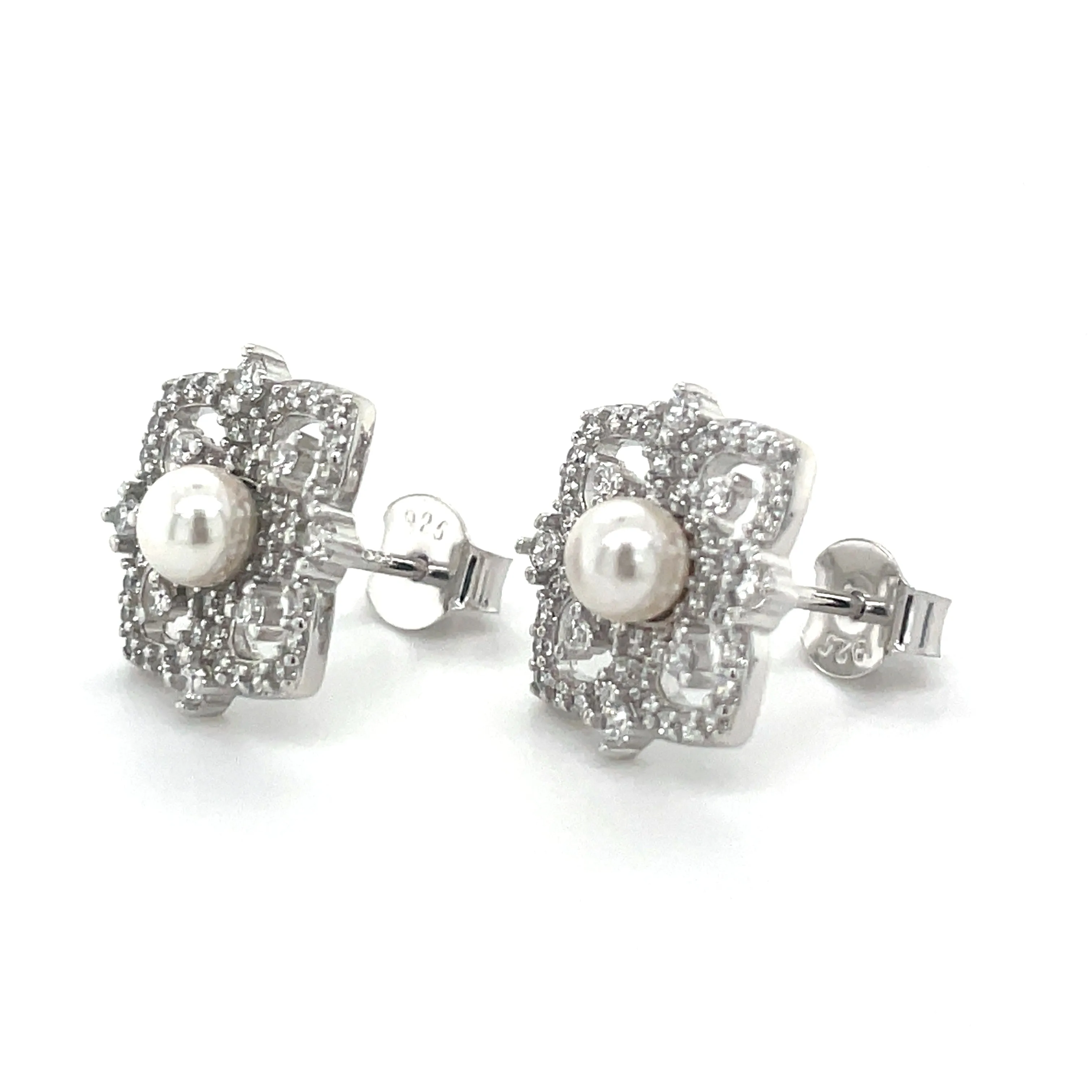 Sterling Silver Floral Cz Earrings With Pearl Centre