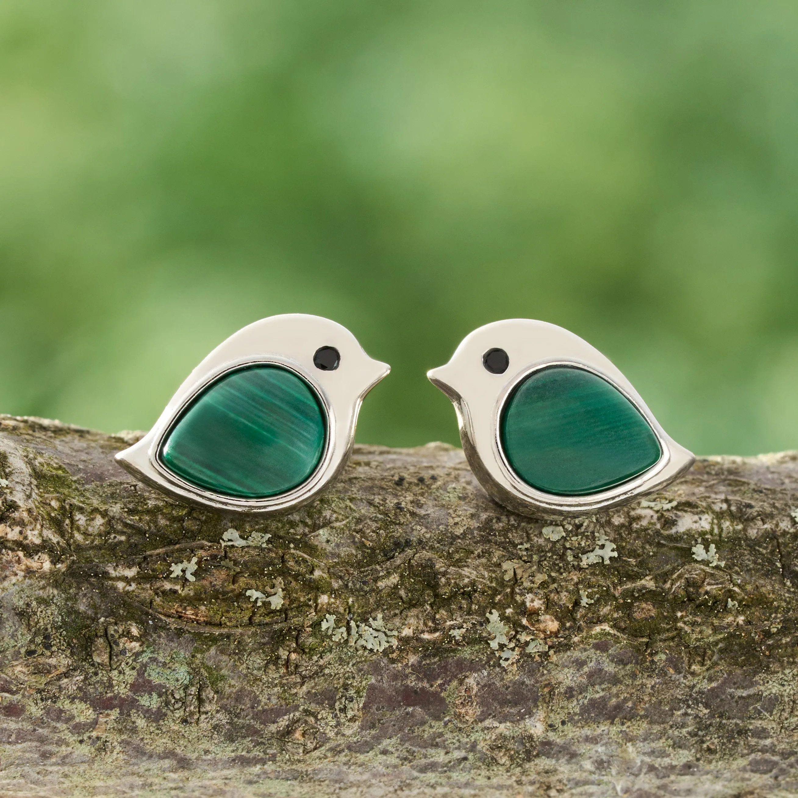 Sterling Silver Malachite Gemstone Birdie Studs