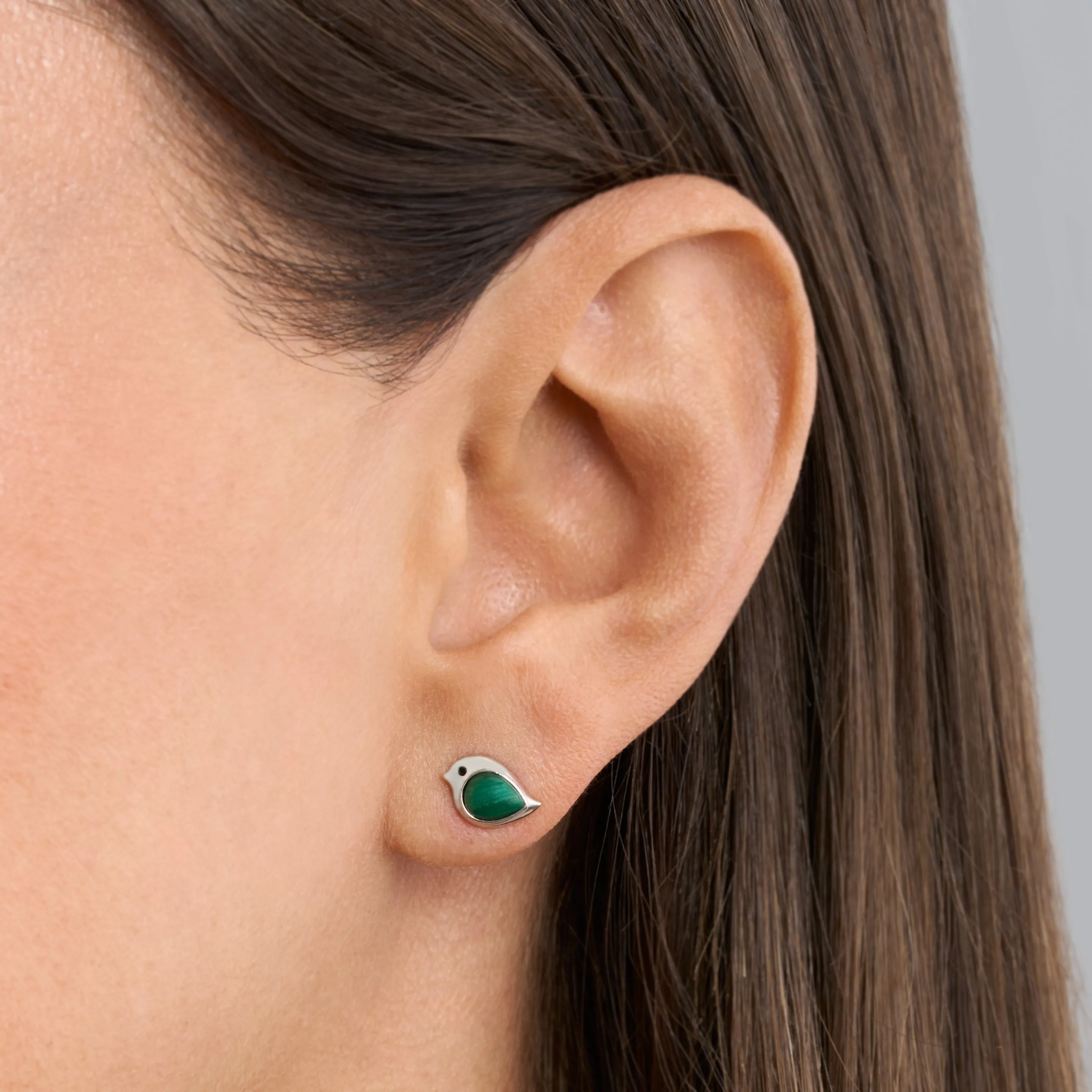 Sterling Silver Malachite Gemstone Birdie Studs